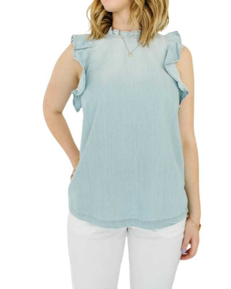 Front of a model wearing a size L Kalliope Ruffle Tank in Light Blue in Light Blue by Velvet Heart. | dia_product_style_image_id:346172